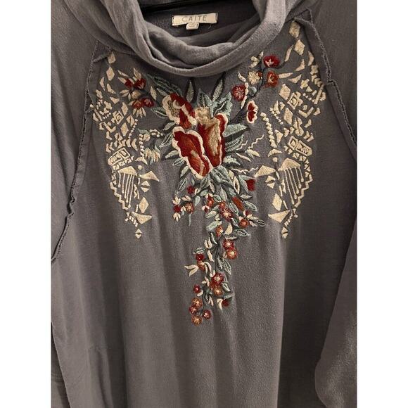 Athleta Caite Gray Cowl Neck Embroidered Sweatshirt Dress Size S Oversized Boho - Picture 1 of 8
